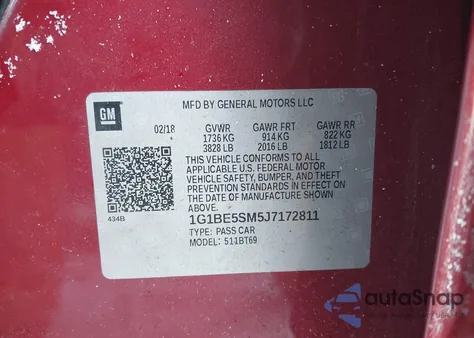 2018 Chevrolet Cruze Lt Auto z USA, uszkodzony, nr VIN 1G1BE5SM5J7172811